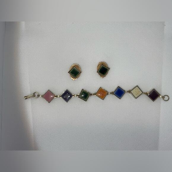 VTG 1960S SILVER TONE PINK PURPLE WHITE BLUE TILE BRACELET GOLD TILE EARRINGS - Picture 1 of 4